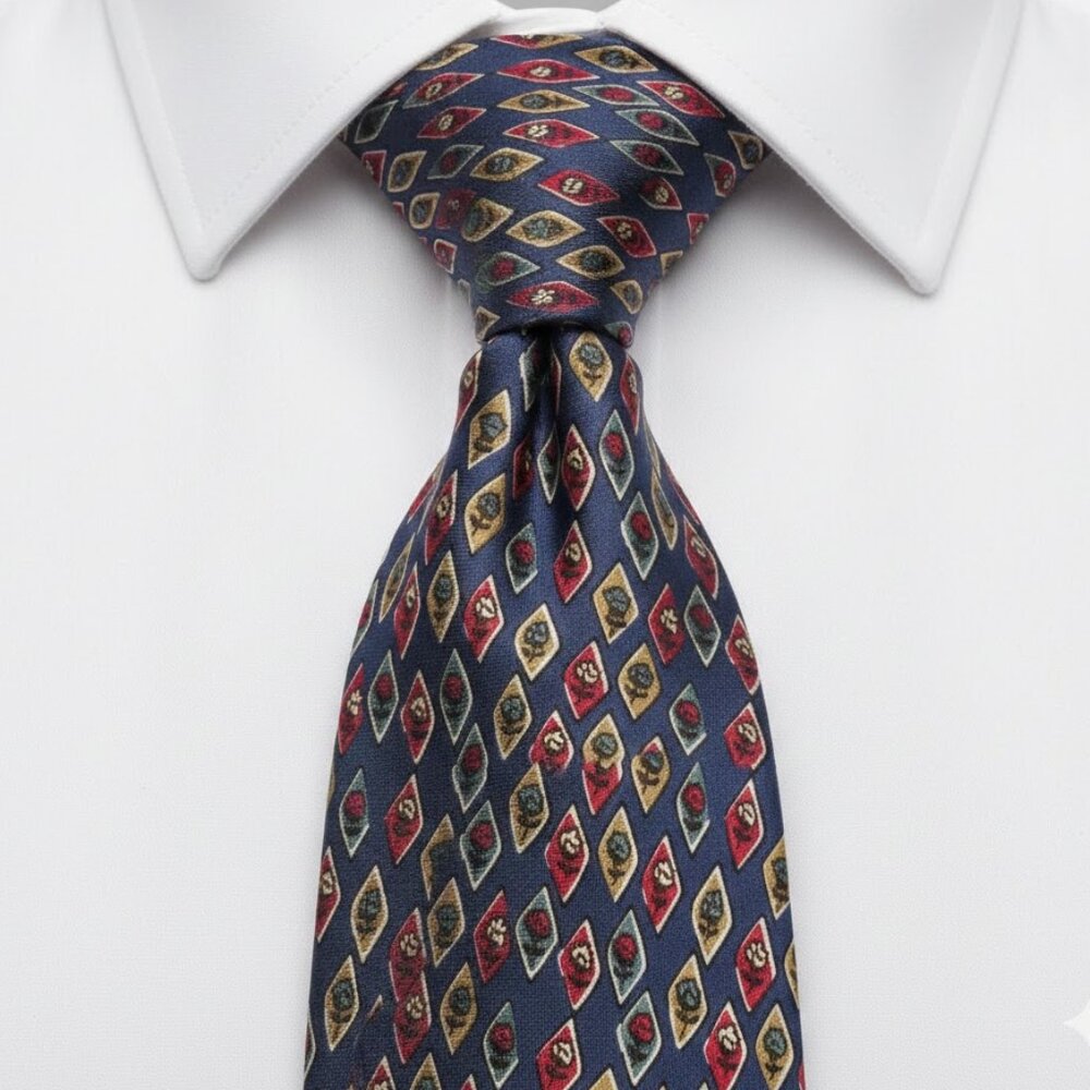 Christian Dior Monsieur Silk Tie Diamond Floral Geometric Blue Red Italy Vintage